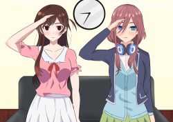  blue_eyes blush brown_eyes chizuru_mizuhara clothed female_only femsub happy_trance headphones long_hair miku_nakano multiple_girls pov pov_dom rent_a_girlfriend saluting school_uniform skirt smile spiral_eyes standing standing_at_attention symbol_in_eyes the_quintessential_quintuplets winter_kitsune 