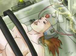 bottomless breasts brown_hair female_only femsub helmet large_breasts long_hair nude operating_table sleeping solo stasis_tank tech_control topless trishbot