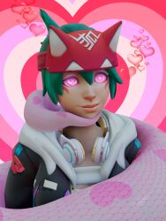  3d femsub green_hair happy_trance headphones heart heart_eyes hypno_ninja jacket kiriko_(overwatch) overwatch short_hair smile snake symbol_in_eyes valentine's_day 