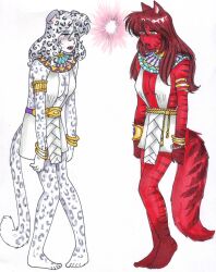  animal_ears barefoot blush cat_girl character_request dazed dog_girl empty_eyes expressionless feet furry long_hair magic open_mouth red_hair suechan traditional white_hair wolf_girl 