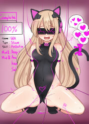 absurdres barcode blonde_hair blush breasts cables cat_ears cla female_only femsub girls_frontline happy_trance headphones large_breasts leotard long_hair open_mouth progress_indicator pussy_juice solo spread_legs squatting tattoo tech_control text tmp_(girls_frontline) tongue tongue_out visor