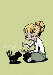  apron blonde_hair cat clothed coin crossed_legs dazed drool female_only femsub green_background grey_eyes heppoko-taro pendulum self_hypnosis shoes simple_background spiral_eyes tied_hair 