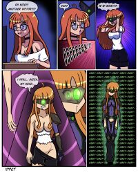  bottomless clothed_exposure comic drool empty_eyes futaba_sakura glasses glowing_eyes idpet latex long_hair mask persona_(series) persona_5 tech_control text 