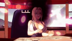 aware blonde_hair brown_eyes clothed dialogue dogdog english_text female_only hypnotic_accessory naruto_(series) necklace resisting smoke solo text tsunade