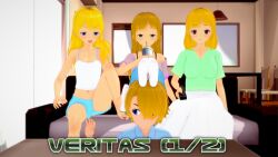  angry april_(veritas) aware blue_eyes brother_and_sister brown_eyes clothed cover english_text green_eyes hair_covering_one_eye human_furniture lauren_(veritas) long_hair matthew_(veritas) melina_(veritas) multiple_girls original short_hair sisters text veritas zenin1 