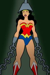  bare_legs bare_shoulders belt black_hair boots breasts chains closed_eyes crown dc_comics eyelashes eyeshadow female_only femsub gradient_background green_background hypnotic_accessory leotard light_skin lipstick red_lipstick resisting restrained simple_background solo super_hero tech_control thestepfordfiles western wonder_woman 
