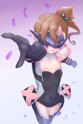 brown_hair chou-soku_henkei_gyrozetter eye_mask female_only femsub gloves gradient_background hair_ornament happy_trance high_heels hypnotic_accessory inaba_rinne leotard main-do navel opera_gloves shoulder_pads side_ponytail sideboob simple_background small_breasts solo thigh_boots thighhighs visor