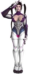 3d absurdres black_hair breasts capcom cleavage female_only femsub huge_breasts juri_han long_hair purple_eyes purple_lipstick saluting solo standing standing_at_attention street_fighter thick_thighs vg-mc