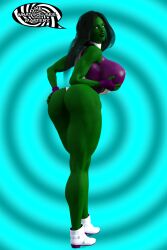  3d ass dialogue female_only femsub fingerless_gloves gloves green_hair green_skin happy_trance holding_breasts huge_breasts long_hair maledom marvel_comics muscle_girl she-hulk shoes simple_background smile solo speech_bubble spiralwash_eyes super_hero text theheckle 