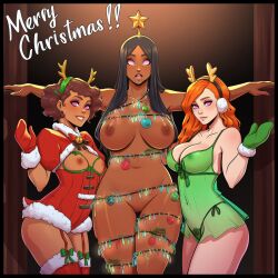 ai_art alice_(mrchypno) black_hair bondage border breasts_outside christmas christmas_tree comic dark_skin drool empty_eyes english_text expressionless fake_animal_ears femsub glowing_eyes happy_trance human_furniture humiliation isha_(mrchypno) lingerie maledom mittens mrchypno_(generator) multiple_girls multiple_subs nude red_hair reindeer_girl see-through spiral_eyes stephanie_(mrchypno) text unaware