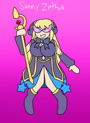 alternate_costume bimbofication blonde_hair breasts crossover cygames dragalia_lost dress english_text gradient_background huge_breasts knick_knack m3gasn1p3r morsayati multiple_methods_of_hypnosis nintendo pink_background possession royalty shoes smile staff sunglasses sunny_miami text very_long_hair zethia