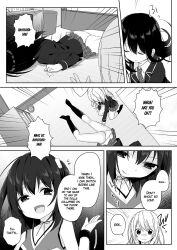 body_control body_swap breasts cheerleader comic dollification empty_eyes expressionless female_only greyscale hard_translated hisagi kissing large_breasts long_hair marialite monochrome multiple_girls open_mouth possession swimsuit text tracksuit translated yuri