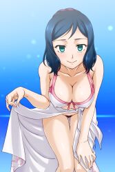  blue_eyes blue_hair blush bottomless breasts cleavage empty_eyes erect_nipples erect_nipples_under_clothes female_only femsub gundam_build_fighters hanging_breasts happy_trance large_breasts leaning_forward manip navel pubic_hair pussy_juice rinko_iori saburou_(minami_makoto) short_hair skirt skirt_lift sol420_(manipper) solo swimsuit 
