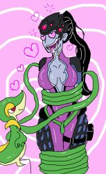  breasts cyl4s drool happy_trance heart heart_eyes nintendo overwatch pokemon pokemon_(creature) smile snivy symbol_in_eyes tongue tongue_out widowmaker 