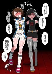  black_hair blush boots breasts brown_hair burningsushi comic corruption defeated dress enemy_conversion expressionless female_only femsub gloria_(pokemon) gloves glowing_eyes hat hypnotized_dom marnie_(pokemon) multiple_girls nintendo pokemon pokemon_sword_and_shield red_eyes saluting shirt shorts small_breasts sportswear team_rocket text thigh_boots torn_clothes translated uniform 