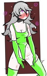 absurdres alternate_costume bare_shoulders blush breasts brown_background cleavage corrin_(fire_emblem) empty_eyes female_only femsub fire_emblem fire_emblem_fates grey_hair haigure illumina leotard nintendo pink_eyes simple_background solo spiral symbol_in_eyes thighhighs thighs very_long_hair