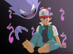  ash_ketchum barefoot black_background black_hair brynhexx cap drool evil_smile expressionless eye_color_change feet flame foot_focus gloves gradient_background grey_background hand_on_head hat haunter hypnotic_touch jacket male_only maledom malesub multiple_boys nintendo pink_eyes pokemon pokemon_(anime) pokemon_(creature) simple_background sitting 
