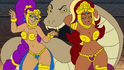  alternate_hairstyle arms_above_head arzette:_the_jewel_of_faramore black_eyes blonde_hair bracelet breasts cleavage cosplay costume crossover dancer dancing dark_skin earrings fangs femsub genie happy_trance harem_outfit long_hair looking_at_viewer midriff multicolored_hair navel ponytail princess princess_arzette purple_hair red_hair royalty shantae shantae_(series) smile smirk smug snake spiralwash_eyes tan_skin tightsquish very_long_hair yellow_sclera 