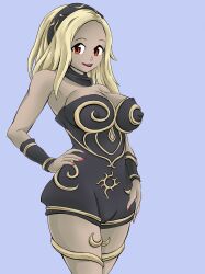  absurdres blonde_hair breasts bzurrrf cleavage female_only femsub gravity_rush hand_on_hip headband kat_(gravity_rush) large_breasts long_hair nipples open_mouth red_eyes smile solo 