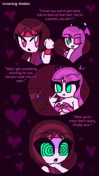  alternate_hair_color bandana breasts capcom chin_hold cleavage crossover darkstalkers dialogue english_text eyeshadow femdom heart heterosexual hypnoscream hypnotic_eyes kaa_eyes large_breasts long_hair love makeup malesub morrigan_aensland psycho_soldier purple_hair red_eyes red_hair short_hair sie_kensou smile succubus sweat text wings wink 