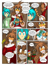 accidental_hypnosis blue_hair bottomless brown_hair cat_girl christmas comic femdom flora_(twokinds) furry glowing glowing_eyes long_hair magic malesub mistletoe text tiger_girl trace_legacy twokinds western