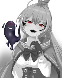 bakerdex brain_injection clothed femsub greyscale hololive hololive_english long_hair mumei_nanashi open_mouth parasite possession red_eyes smile 