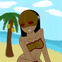body_paint dark_skin glowing_eyes hypnotic_mask kneeling pzurnia red_eyes tribal_tattoo