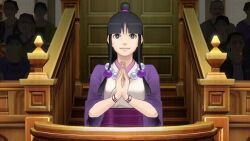  3d ace_attorney animated animated_gif athena_cykes before_and_after black_hair breasts clothed dazed dialogue dress earrings female_only femdom femsub glowing happy_trance hypnotic_beam hypnotic_gun jewelry large_breasts legsweepboxer long_hair maya_fey memetic_control multiple_subs open_mouth raygun saluting smile source_filmmaker standing standing_at_attention straight-cut_bangs tech_control text tongue 