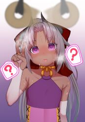 bare_shoulders bow coin collar collarbone confused dark_skin empty_eyes expressionless female_only femsub fingerless_gloves flat_chest gloggy gradient_background grey_hair horns jewelry looking_at_viewer opera_gloves original pendulum ponytail purple_eyes ribbon ring solo sweat v 