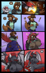 before_and_after bottomless breasts brown_hair cat_girl cleavage comic demon_girl dog_boy ethanqix femdom furry horns large_breasts malesub monster_girl nipple_tweak open_mouth original possession red_hair short_hair text tiger_girl tongue tongue_out torn_clothes transformation transgender wings