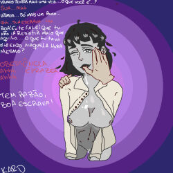 black_hair breasts drool exposed_chest femsub finger_in_mouth good_sub_conditioning grey_skin phantom_hand portuguese pussy_juice smug text