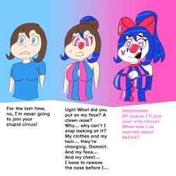  absurdres blue_hair brown_hair cleavage clown clown_girl clownification english_text female_only femsub heart_eyes makeup pink_sclera ponytail sequence simple_background wfay42 