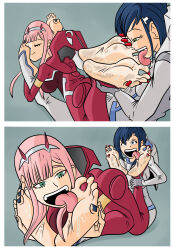  absurdres barefoot blue_hair bodysuit breasts comic darling_in_the_franxx feet female_only femdom femsub foot_focus foot_licking foot_worship green_eyes happy_trance horns ichigo_(015) jinkslizard large_breasts licking multiple_girls nail_polish open_mouth pink_hair smile toenail_polish tongue tongue_out yuri zero_two 