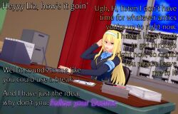 3d absurdres angry arm_bands before_and_after blonde_hair breasts cheating dialogue elizabeth_(thehguy) english_text femsub h_(thehguy) hair_band koikatsu! large_breasts long_hair maledom office orange_eyes original school_uniform student table text thehguy trigger