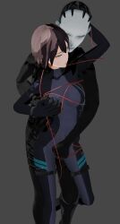  10yenh 3d blush bodysuit brain_injection breast_grab breath brown_hair cables chains collar cuffs drool femsub fingering green_eyes grey_background heavy_eyelids maledom open_mouth shoes short_hair simple_background standing weapon wires 