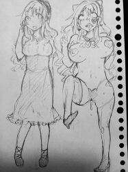  absurdres animal_ears before_and_after blush breasts drool earrings eye_roll femsub heart_pasties jewelry large_breasts long_hair original pasties punitofu pussy_juice sketch solo tears tongue tongue_out traditional v 