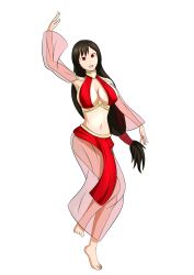 absurdres barefoot black_hair breasts dancer dancing empty_eyes femsub final_fantasy final_fantasy_vii harem_outfit large_breasts long_hair midriff red_dress see-through soex tagme tifa_lockhart white_background