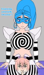 blue_eyes blue_hair crop_top dazzler_(spiralgreeting) femdom mask original ponytail shoulder_pads spiral spiral_eyes spiralwash_eyes tagme usakiki