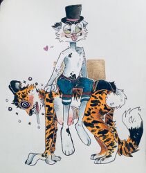 absurdres anonymous_artist breasts cat_boy cat_girl drool expressionless femsub furry human_furniture julia_(memes) large_breasts maledom original skip_(memes) spiral_eyes symbol_in_eyes tiger_girl topless traditional