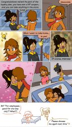 arms_above_head black_hair blush comic dialogue female_only femdom femsub heart humor long_hair mythkaz original short_hair simple_background speech_bubble tagme text visor yuri