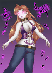 breasts brown_hair cleavage collar corruption delia_ketchum expressionless female_only glowing glowing_eyes gradient_background hadant hypnotic_audio hypnotic_music large_breasts lipstick long_hair midriff nintendo pokemon pokemon_(anime) rock_of_succubus signature simple_background solo tattoo transformation