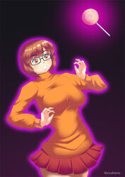 breasts brown_hair female_only femsub glasses glowing gradient_background hadant large_breasts scooby-doo_(series) short_hair short_skirt signature simple_background skirt solo spiral sweater velma_dinkley watermark