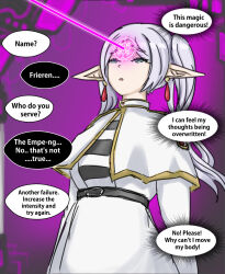 blue_eyes clothed corruption elf elf_ears eye_roll femsub flat_chest frieren frieren:_beyond_journey&#039;s_end laser_pointer light_skin open_mouth pengi13 resisting small_breasts speech_bubble twintails white_hair