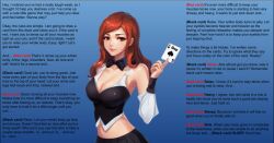  ai_art bow_tie breasts brown_eyes caption caption_only cleavage clothed dialogue female_only femdom large_breasts long_hair looking_at_viewer male_pov manip pov pov_sub red_hair sleep_command smile text unaware 