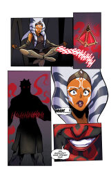  absurdres ahsoka_tano alien aura bare_shoulders blue_eyes comic crossed_legs darth_maul dialogue english_text fingerless_gloves floating gloves mesiasart opera_gloves possessionhub red_eyes star_wars tagme text 
