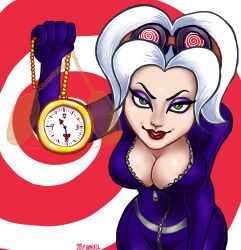 bodysuit breasts cleavage evil_smile female_only femdom goggles goggles_on_head green_eyes large_breasts looking_at_viewer makeup mesmera mesmera_(mesmera) original pendulum pocket_watch smile spiral white_hair