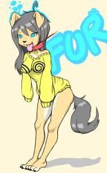 barefoot collar dog_girl erect_nipples feet femsub furry happy_trance hypno-tan hypnofood leash long_hair open_mouth original silver_hair spiral spiral_eyes symbol_in_eyes text tongue tongue_out
