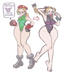  alternate_costume alternate_hairstyle arms_above_head bare_legs barefoot before_and_after blonde_hair braid breasts cammy_white capcom corruption english_text eye_color_change feet female_only femdom femsub gloves hand_on_hip hypnotic_app juri_han kurosaki_artist legs leotard looking_back phone ponytail possession simple_background speech_bubble street_fighter text thick_thighs thigh_gap tongue tongue_out twinning twintails user_interface virus white_background 