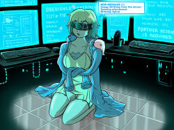 black_hair blonde_hair breasts computer dazed digimon digimon_story_cyber_sleuth edgeofthemoon empty_eyes erika_(er-ikaa) keeper_of_pots large_breasts monitor multicolored_hair open_mouth original progress_indicator psi tech_control text visor