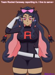  belt caraway_(pokemon) female_only femsub gloves glowing glowing_eyes hair_ornament leggings long_hair multicolored_hair nintendo pink_hair pokemon pokemon_champions ponytail purple_hair red_eyes spiral team_rocket text uniform usakiki visor 
